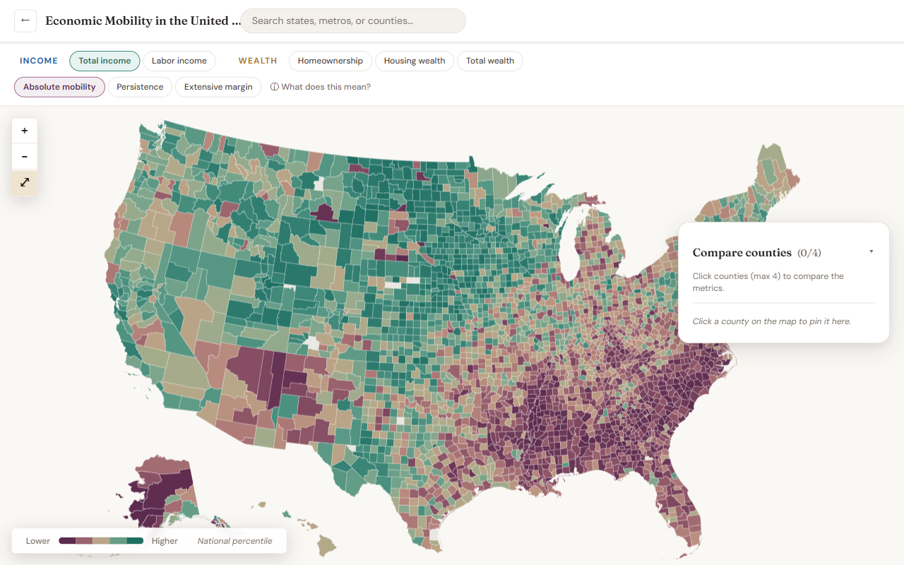 National overview of the explorer — topbar, metric strip, full-bleed choropleth, zoom controls, legend, and Compare counties panel