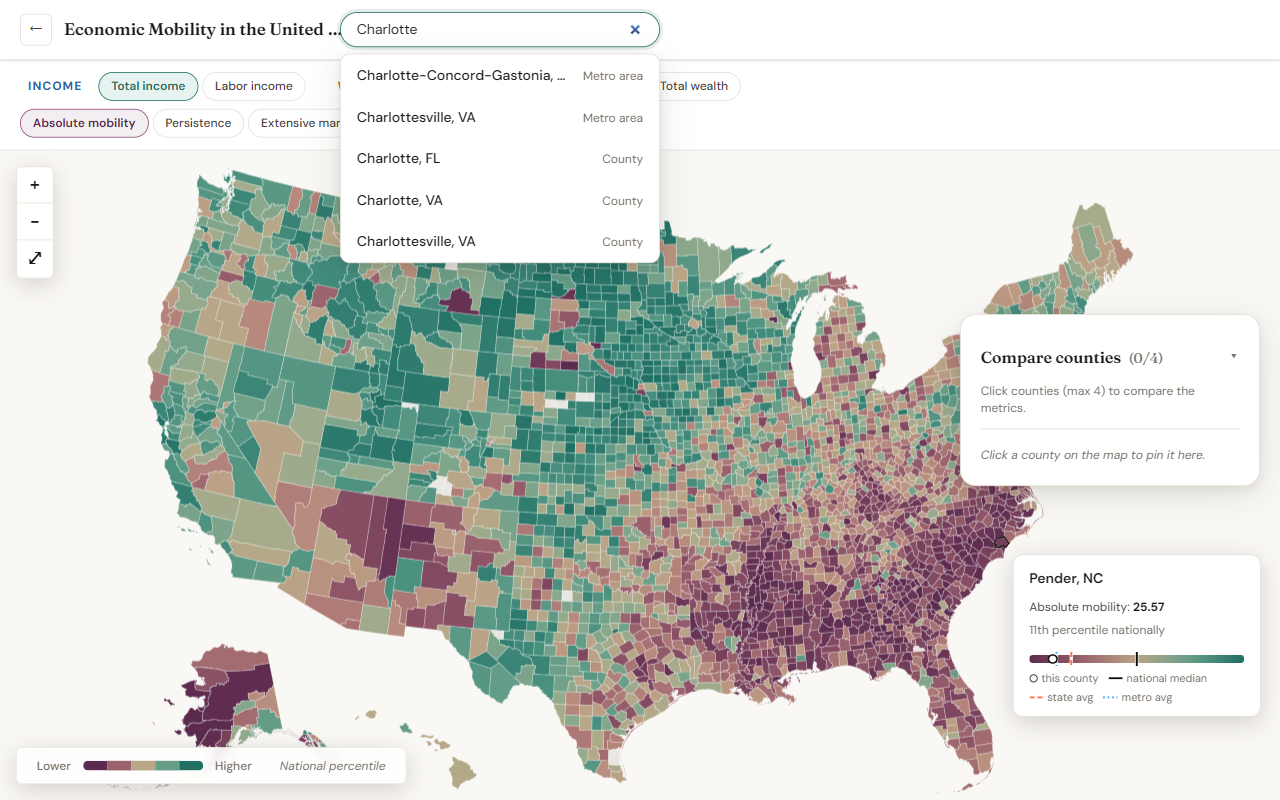 The search dropdown showing a state, two counties, and a metro area matching the query